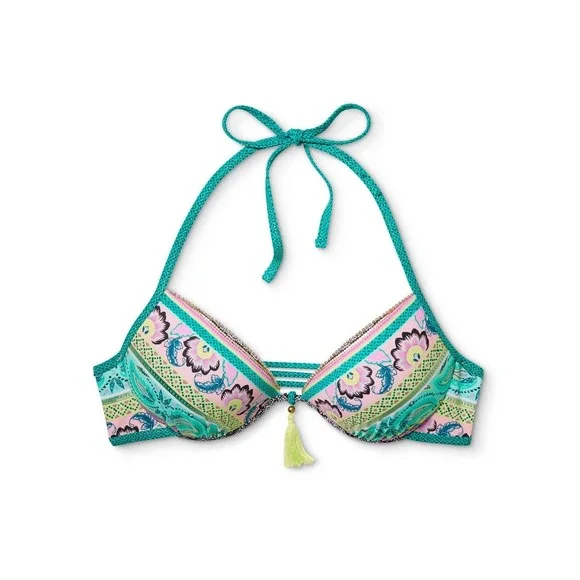 Shade & Shore Torquiose Gold Strappy Halter Bikini Top 38DD underwire molded cup - Picture 3 of 5